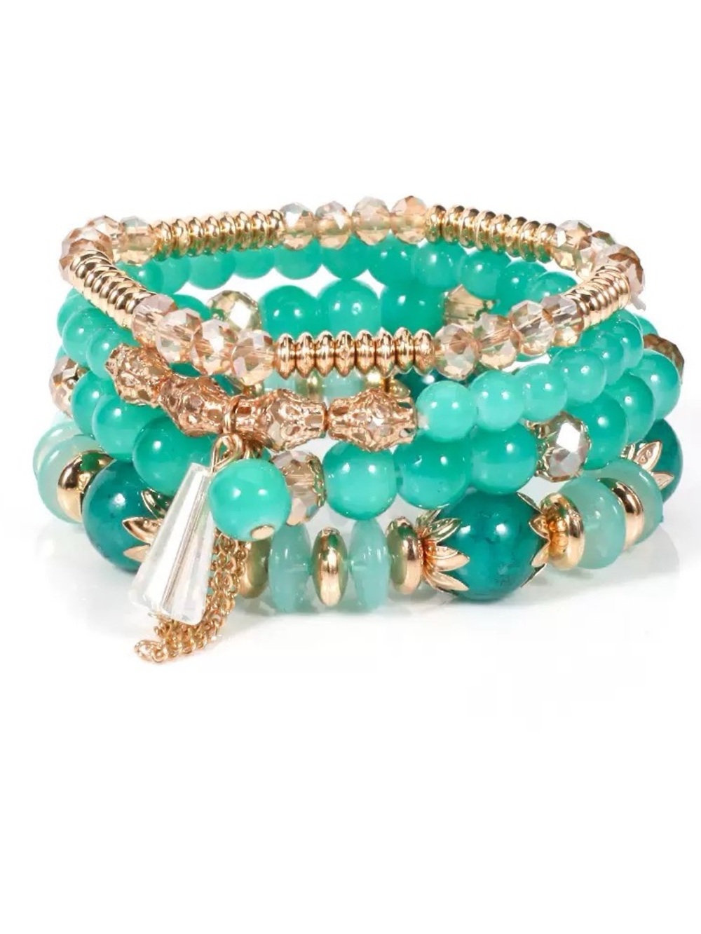 Gold & Turquoise Beaded Charm Bracelet Stack - Women Jewelry